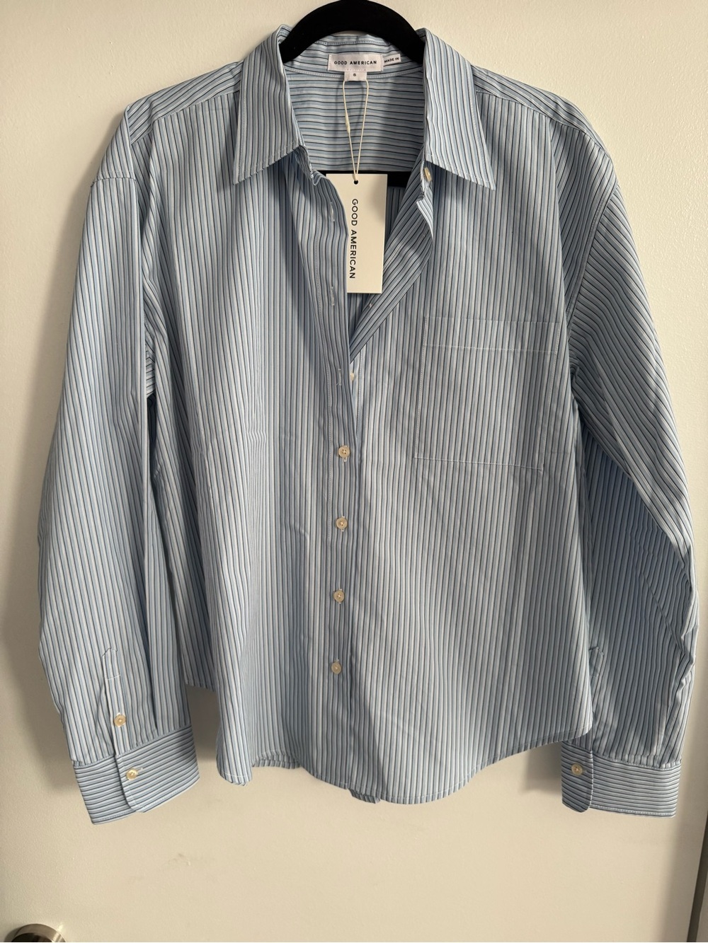 Good American Women’s Light Blue & White Pinstripe Dress Shirt. 100% Cotton
